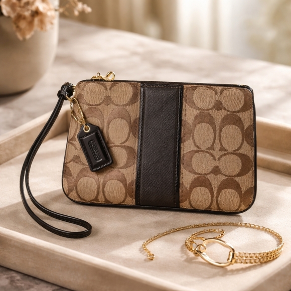 Coach Handbags - Coach Signature Canvas Wristlet in Brown and Black